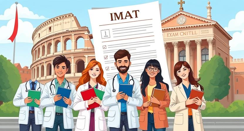 Cartoon image showing IMAT seats allocation in Italy with students from EU and non-EU backgrounds holding books in front of the Colosseum and a university.