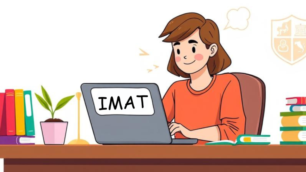 Student learning about CINECA and IMAT on a laptop, preparing for the medical exam in Italy using online tools and platforms like Universitaly.
