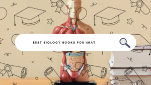 Best Biology Books for IMAT Success – Study desk with open biology books, flashcards, and a tablet showing biology diagrams for IMAT preparation.