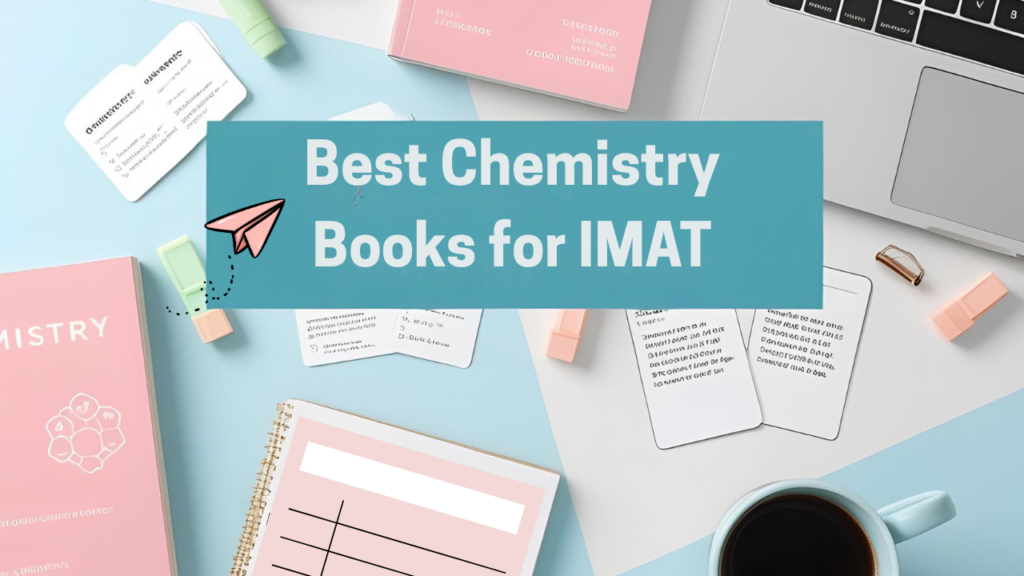 Best chemistry books for quick IMAT revision arranged on a study desk with notes, flashcards, and a laptop, showing a clean and focused study setup for IMAT preparation.