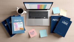 Stack of colorful textbooks with a notebook and pen on a study desk — representing the top Must-Have Books for IMAT 2025 preparation.