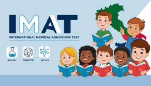 Infographic showing what IMAT is, who gives the exam, and its subjects. Includes cartoon-style students holding books, icons for biology, chemistry, logic, and a small Italian flag. Helps explain the subjects covered in IMAT and their weightage in a fun and simple way.